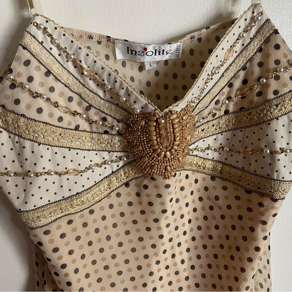 Cream Polka Dot pearl and chain Embellished Tank Top